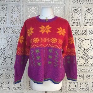 Vtg Talbots Colorful Fair Isle Sweater Womens Medium Wool Chunky Granny Cottage‎